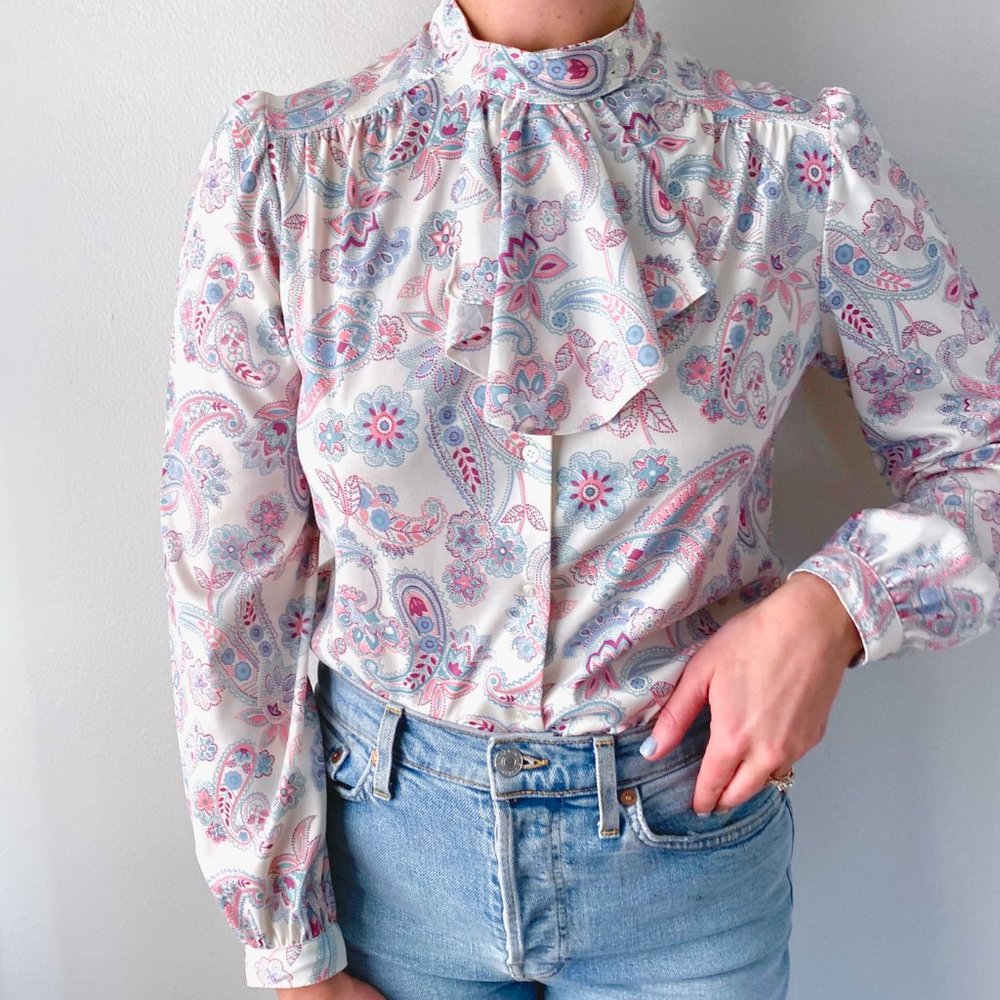 Vintage Pastel Paisley Scarf Blouse